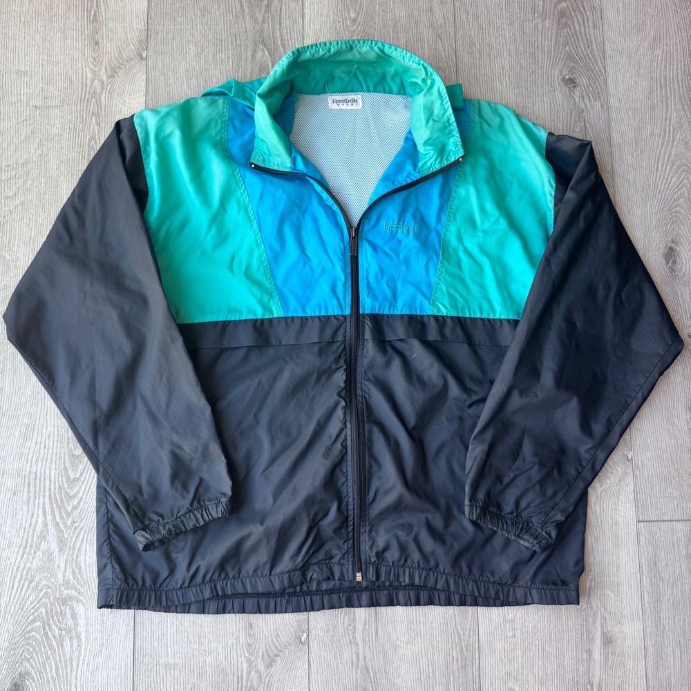 Vintage 90s Reebok Sport Windbreaker Mens XL Teal Colorblock Packable Hood